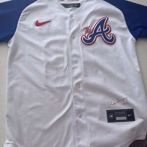 Nike White Baseball Jersey with Blue & Red Team Accents- Acuna